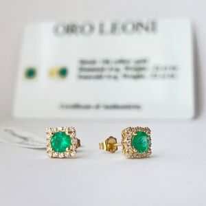 ORO LEONI Emerald Diamond Halo Stud Earrings 14K Yellow Gold